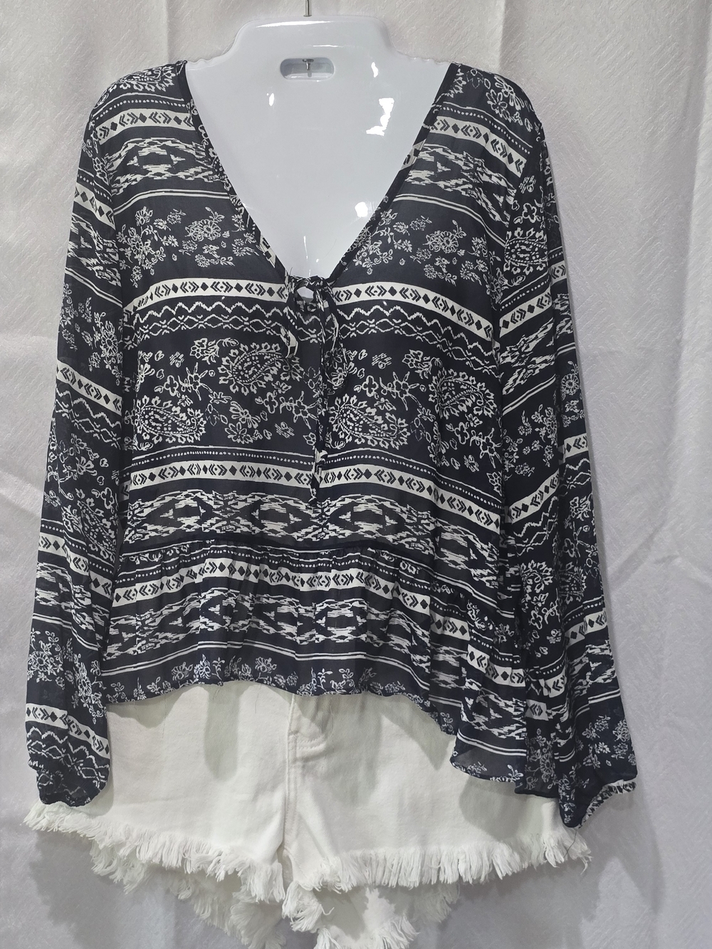 Boho Black & White V-Neck Tie-Front Women's Top